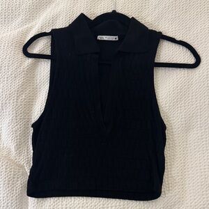 Zara Black Textured Collared Crop Top